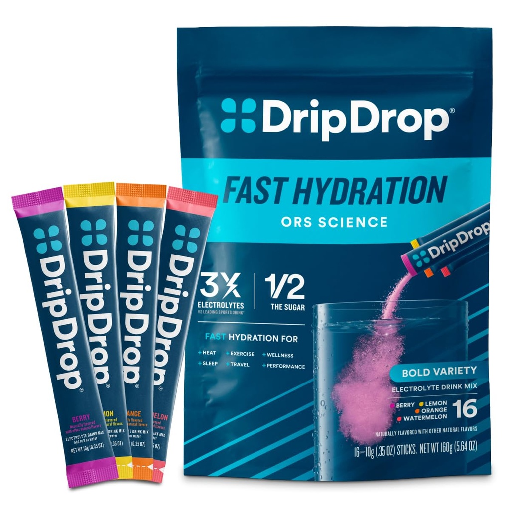 DripDrop hydrotion Packets - Bold Variety Pack - Single Serve Electrolytes אבקת לשתות Mix - Watermelon, ברי, לימון, אורנג ' - non-GMO, Gluten Free, טבעוני - 16 Sticks