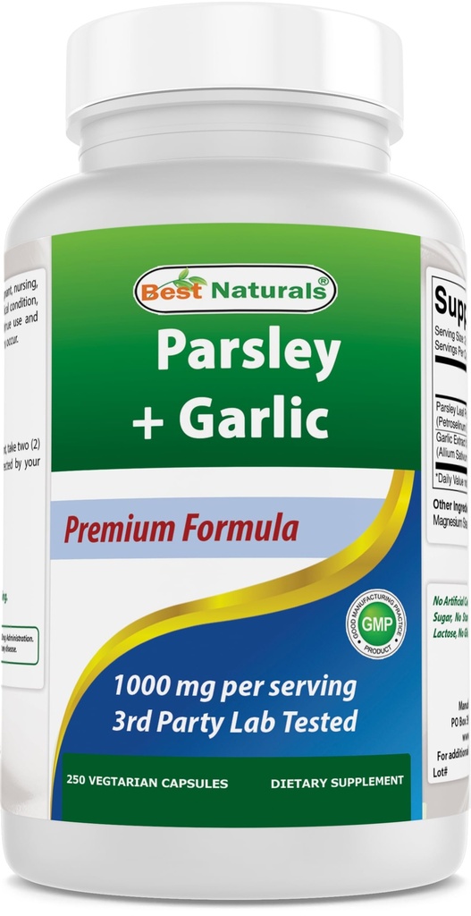 Best Naturals Parsley ו Garlic 1000 מ"ג לשרת 250 קפסולות צמחוניות. גלוטן חופשי ולא-GMO
