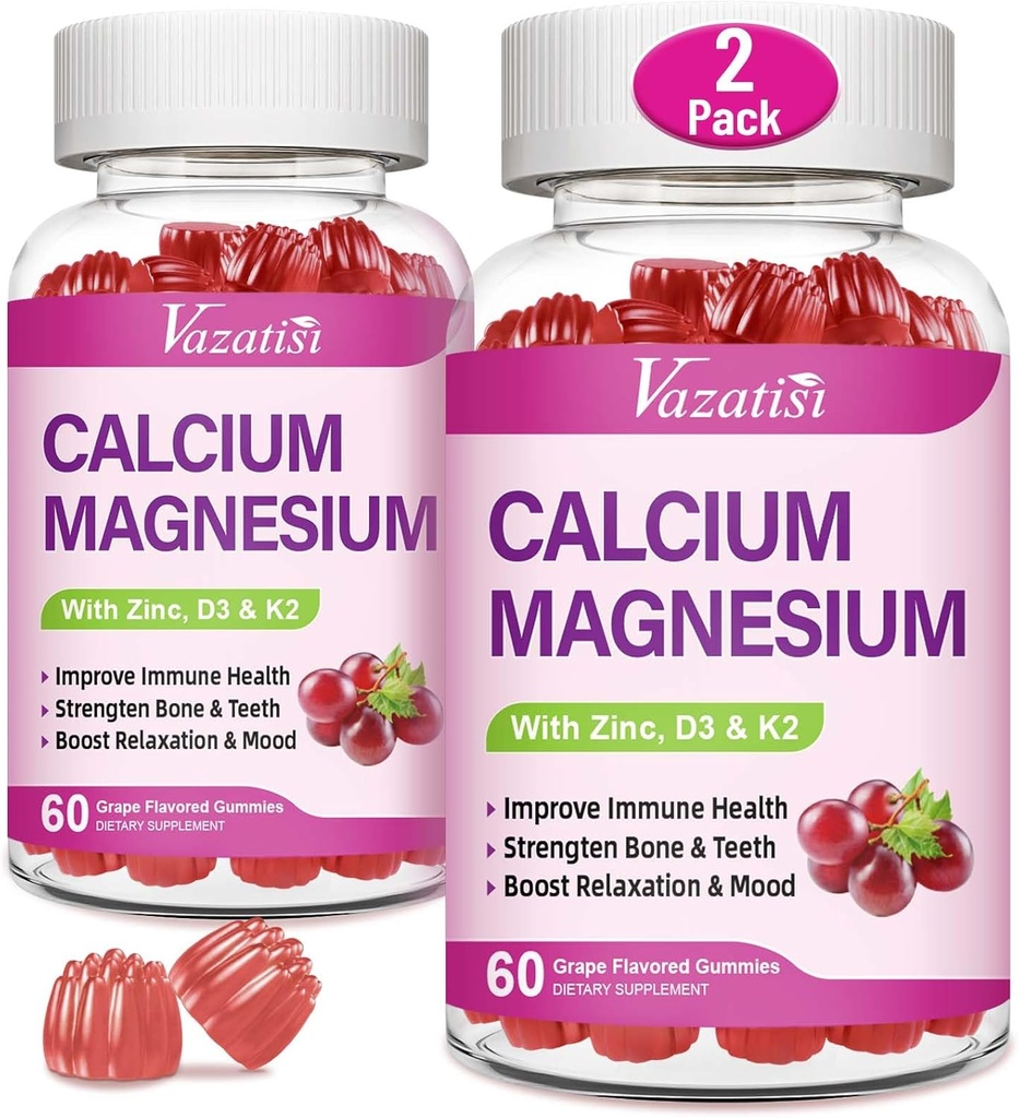 Calcium Magnesium Zinc Gummies עם ויטמין D3 & K2, High Absorption Magnesium Glycinate Potassium עבור Immune ו Calm Mood, Grape Flavor 120 חניכיים