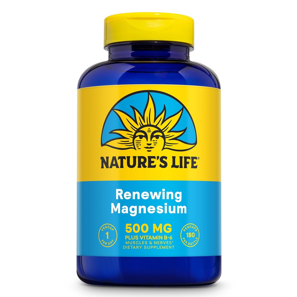 Natures Life Renewing Magnesium 500 מ"ג - פלוס ויטמין B-6 - שרירים ועצבנים תמיכה - מעבדה מאומתת (180 משרתים, 180 VegCaps)