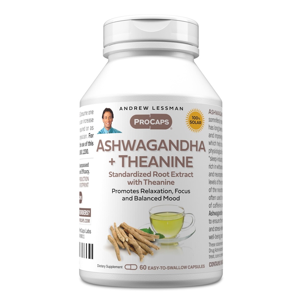 AndREW LESSMAN Ashwagandha + Theanine 60 קפסולות - הפקה סטנדרטית. קידום הרגיעה, פוקוס ואיזון מ Mood. קל ל-Swallow כמוסות