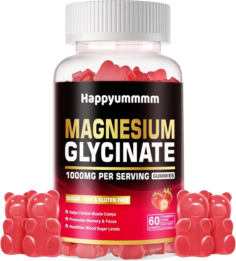 Magnesium Glycinate Gummies 1000mg - סוכר חינם Magnesium Potassium תוספת עם ויטמין D, B6, CoQ10 עבור Calm Mood & Sleep Support - 60 Strawberry חניכיים.