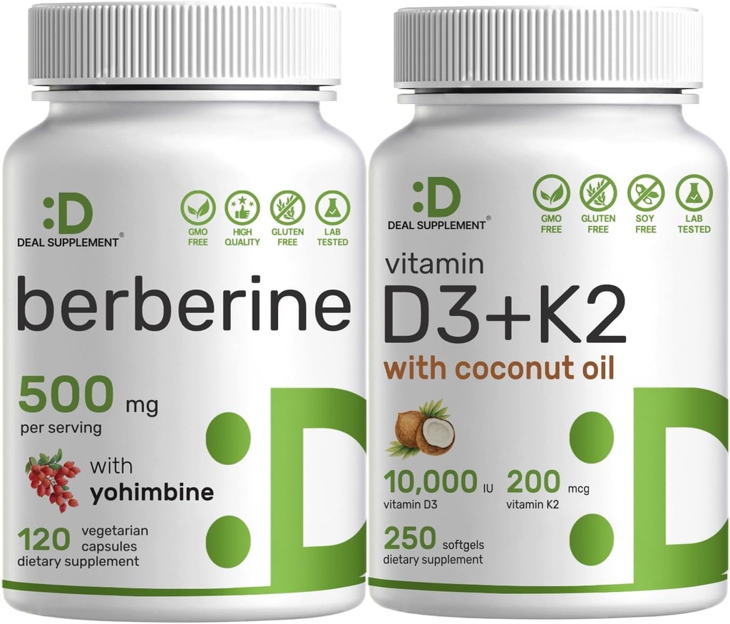 ויטמין D3 10,000o + K2 200mcg Softgels & Berberine תוספת עם Yohimbine Bundle - ויטמין שמש חיוני עם שמן קוקוס - זיהומים גבוהים hydrochloride HCl טפסים