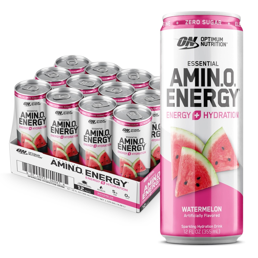 Optimum Nutrition Amino Energy Sparkling hydrotion שותה, אלקטרוליטים, קפאין, Amino Acids, BCAAs, סוכר חינם, Watermelon, 12 Fl Oz, 12 Pack (Packaging May Vary)