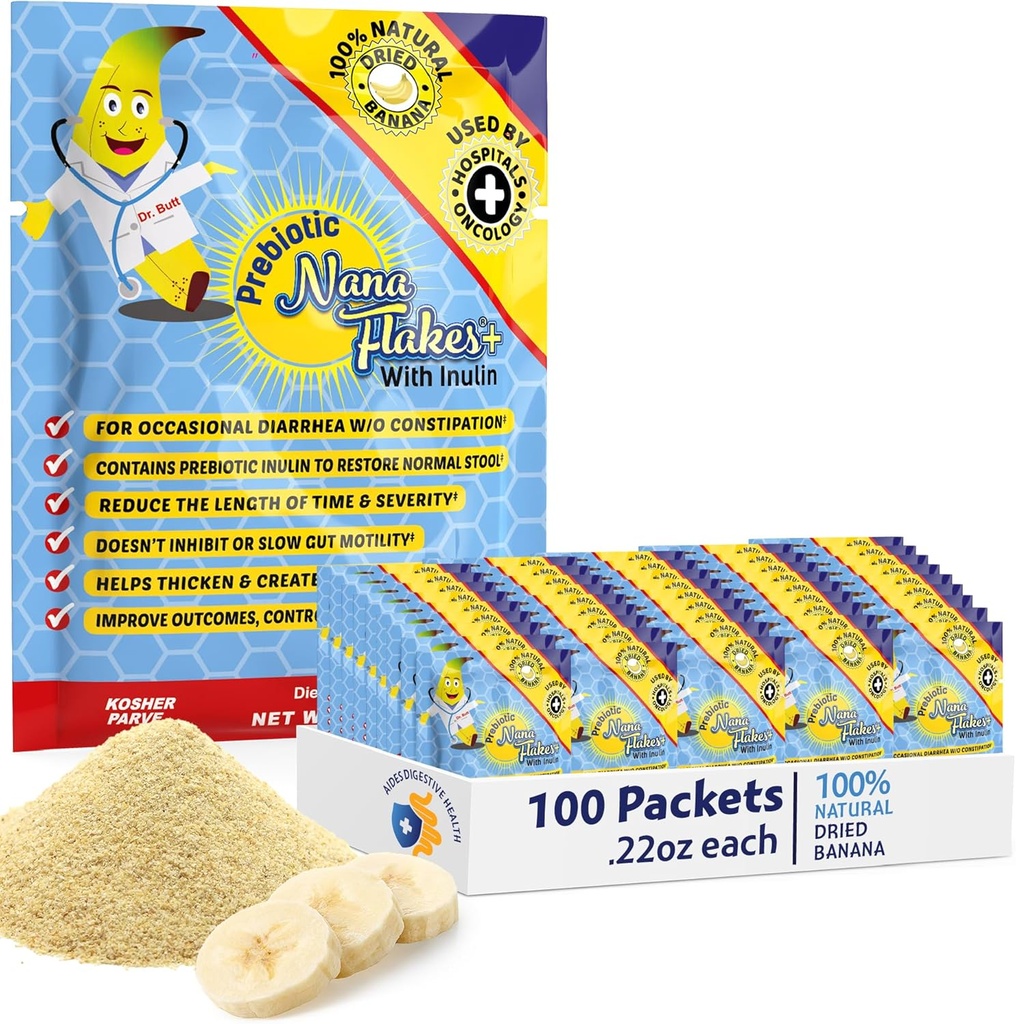 Prebiotic Nana Flakes 100% טהור בננה אבקת מזון רפואי, ירידה שומן Intake & Natural Remedy עבור Diarrhea & Heart Burn - מקור גדול של חלבונים וסיבים - יחיד (100 Packets)