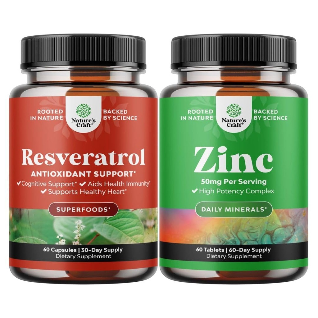 Bundle של Trans Resveratrol - קפסולות Resveratrol עם AMPK Activator לבריאות סלולרי ו Vitality ו- Zinc 50 מ"ג Immune תמיכה תוסף - Zinc Complex כדי לשפר את העור & הציפורניים