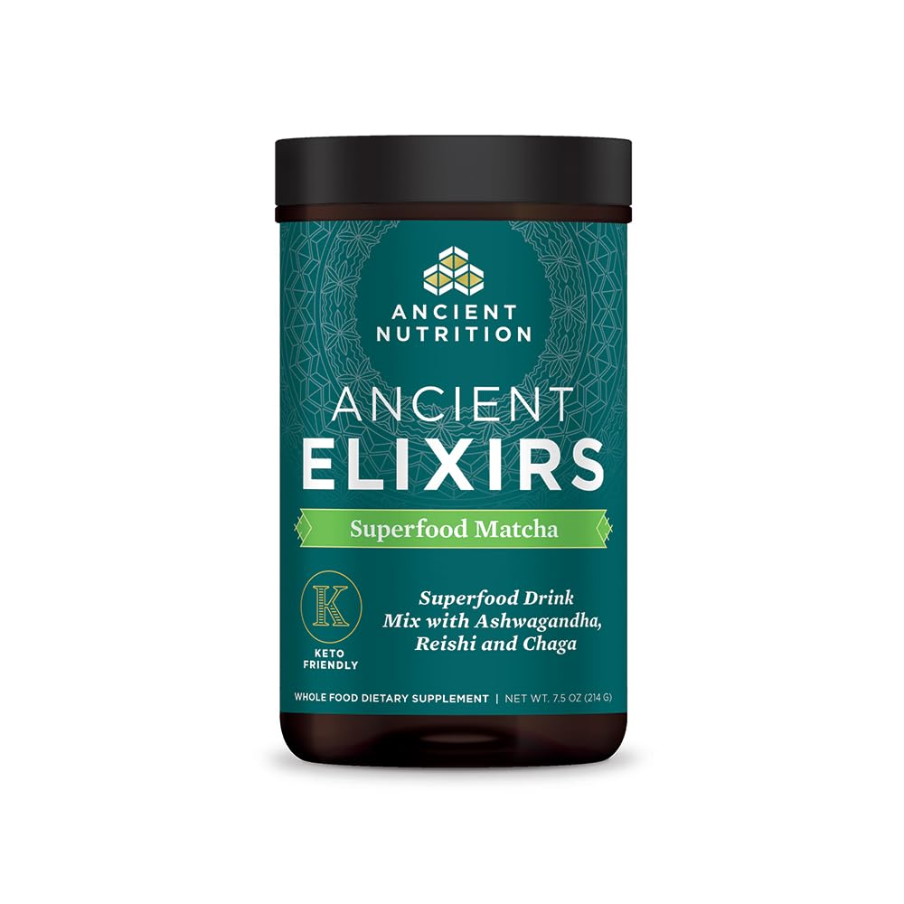 אבקת תה ירוק Matcha עם Ashwagandha על ידי תזונה עתיקה, Elixirs Superfood Matcha אנרגיה אבקה, עם MCTs, מקדם רמות אנרגיה בריאות, Paleo ו Keto Friendly, 20 משרתים