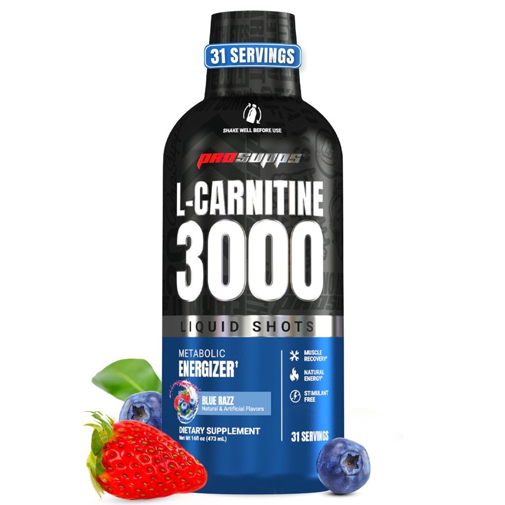 ProSUPPS L-Carnitine נוזלי 3000, Stimulant-Free Shots for Men & Women - משקה עבודה נקי לאנרגיה, ביצועים ושיקום שרירים - No Sugar, No Carbs - 31 משרתים, Blue Razz