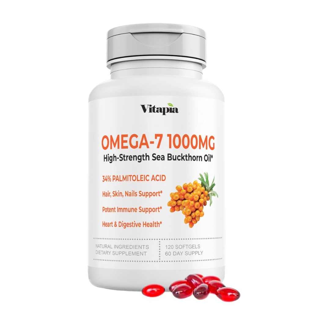 Vitapia אומגה 7 Sea Buckthorn ברי שמן 1000 מ"ג לשיער, Skin, Nails, Heart Health Support - 34% פלמיטולאי Acid & Natural אומגה 3 6 9 חומצה שומנית - 120 קפסולות, non-GMO, Gluten-Free Gluten-Free Gluten-Free-Free Getten-Free-Free-Free Gluten-Free-Free Gettitoleic Acidic Acid & Natural אומגה 3 6 9 3 6 9 Fatty Acids