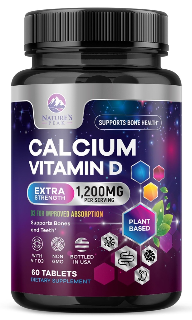 Calcium 1200 מ"ג עם ויטמין D3, Calcium תוספי ויטמינים, העצם, שיניים ו- Immune בריאות תמיכה, תוספי Calcium עם D עבור נשים וגברים, Calcium של הטבע פחמן - 60 טבליות