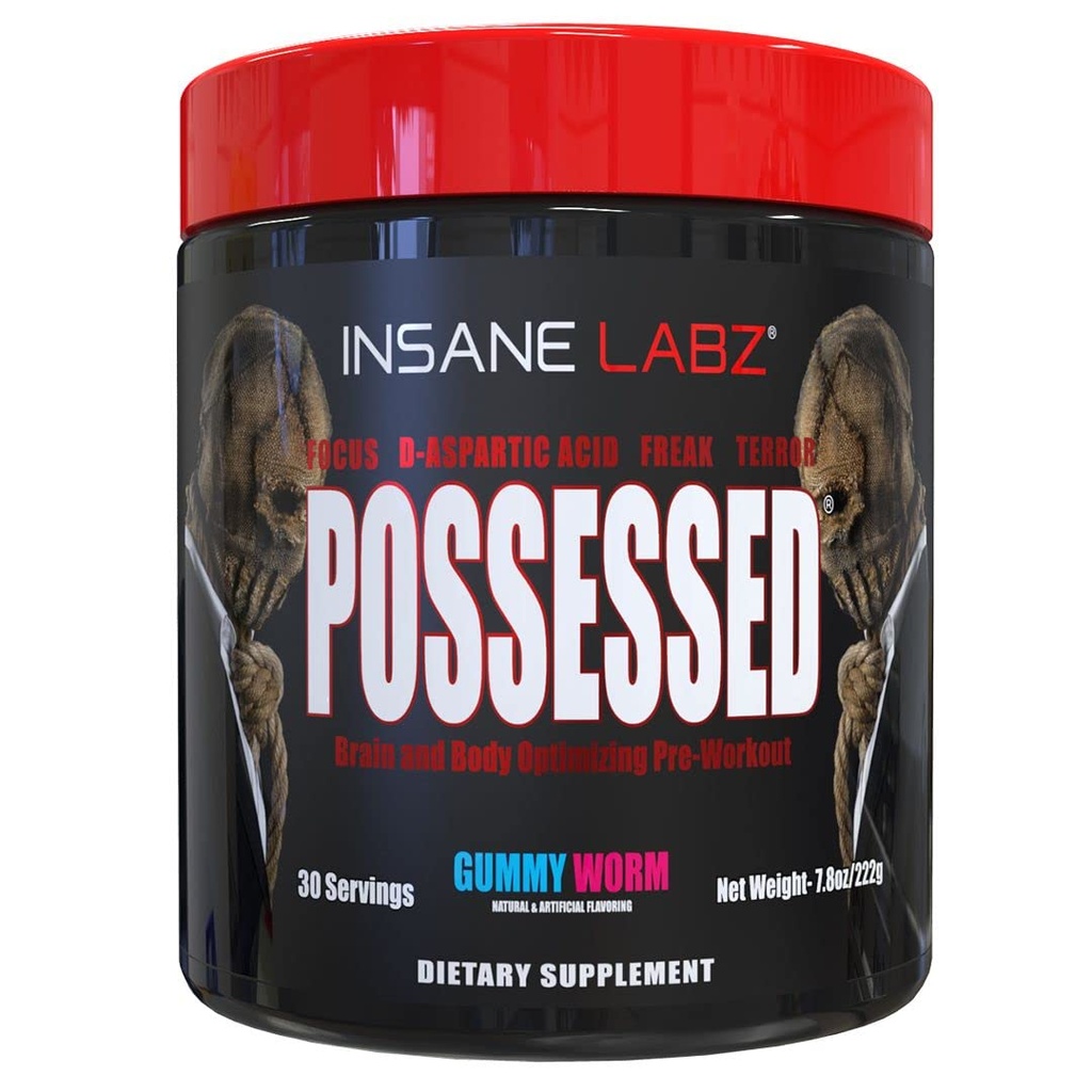 Insane Labz Possessed Low Stimulant טסטוסטרון Boosting אבקת עבודה מוקדמת, טעון עם D Aspartic Acid ו Creatine דלק על ידי AMPiberry ו OXY Golden, 30 Srvgs, מסטיקמי Worms.