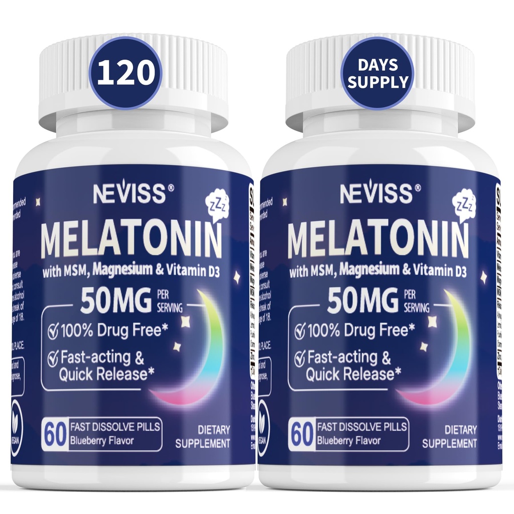 NEVISS Melatonin 50 מ"ג למבוגרים - תוספת כוח 9-in-1 מהיר Dissolve Sublingual - High Dose עם Magnesium Glycinate, ויטמין D3, Ashwagandha, לימון Balm, Chamomile, Sugar Free, Vegan 120 טבליות