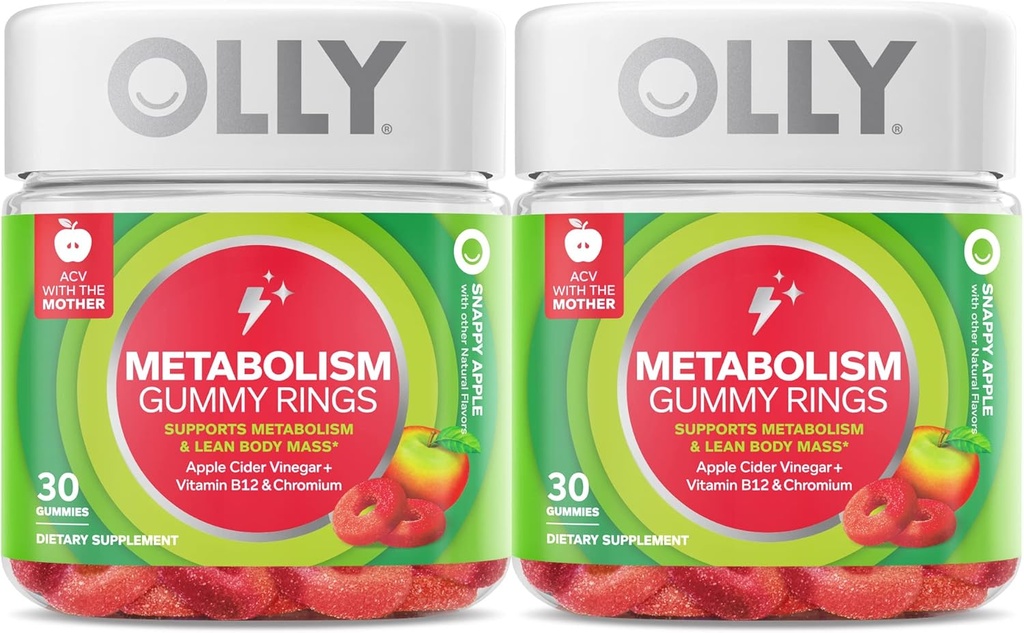 OLLY Metabolism Gummy טבעות, Apple Cider Vinegar, ויטמין B12, Chromium, Energy and Digestive Health, Chewable Supplement, Apple Flavor, Twin Pack - 60 Count Count