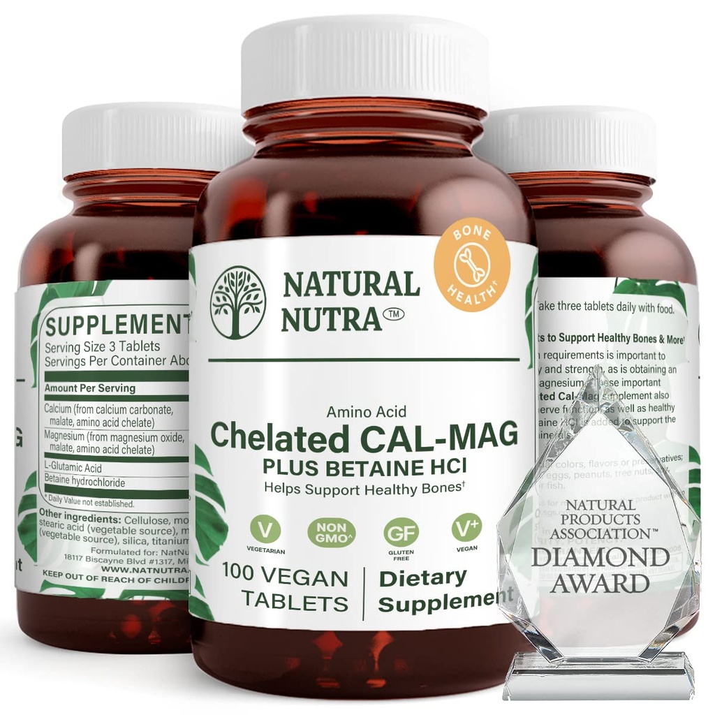 טבעי Nutra Chelated Calcium Magnesium 1000 /500 מ"ג תוספת פלוס Betaine HCL - Chelated Cal Mag משפר העצמות, תומך שריר, שיניים, Cardiovascular & Nerve בריאות, 100 טבליות טבעוניות