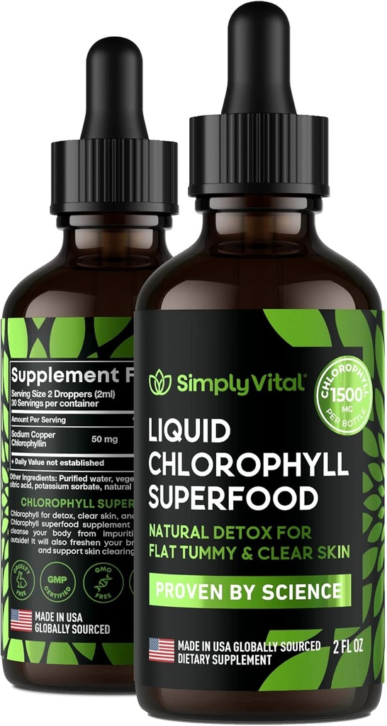 SimplyVital Chlorophyll Liquid Drops for Clear Skin & Energy Boost - Immune Support Supplement - Made in USA - Liquid Chlorophyll for Gut Health - Internal Deodorant - Antioxidant- 2 FL OZ