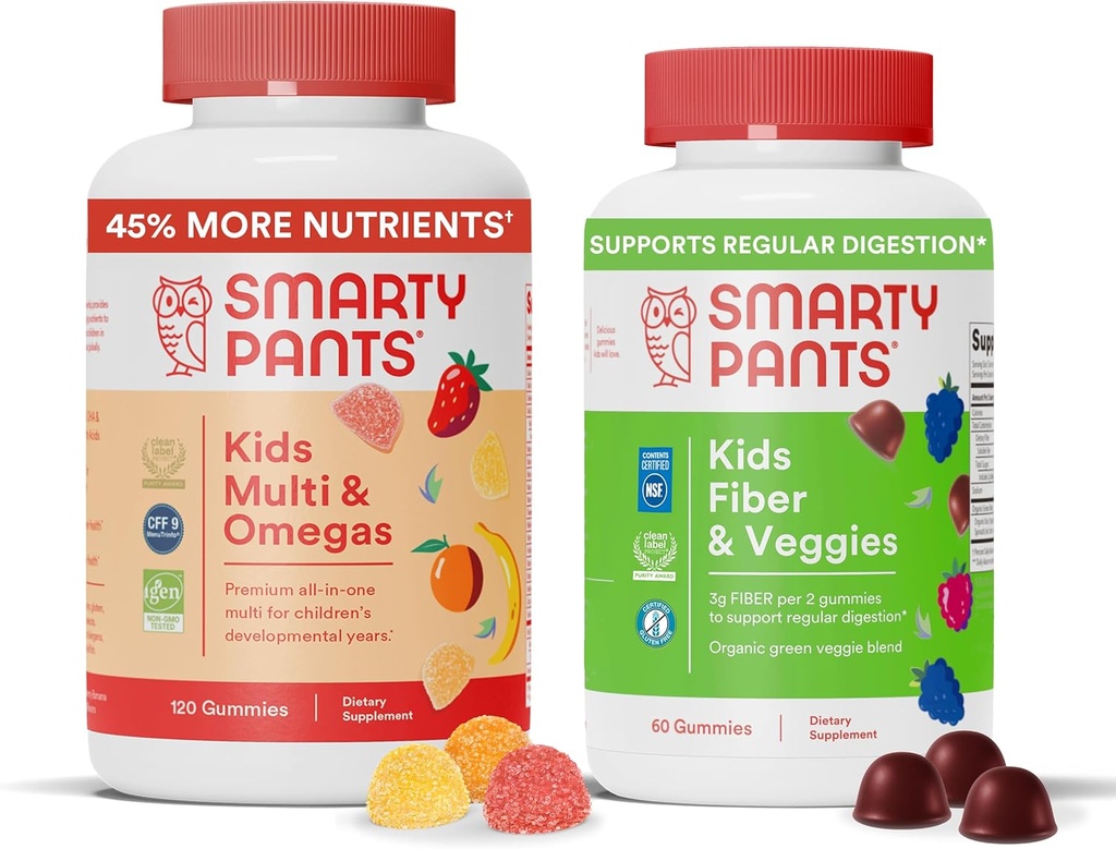 SmartyPants Kids Multivitamin + סיבים & Veggie Bundle: אומגה 3 שמן דגים, Prebiotic סיבים, Gluten-Free, Three Fruit & מעורב ברי פלברס, Multi & אומגהs (120 Count) + סיבים & Veggies (60 Count)