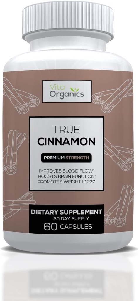 תוספי קינמון אמיתיים, סרי לנקה אורגני Ceylon Cinnamon קפסולות, True Cinnamon Verum Bark, Sugar-Free - 60 וggie קפסולות