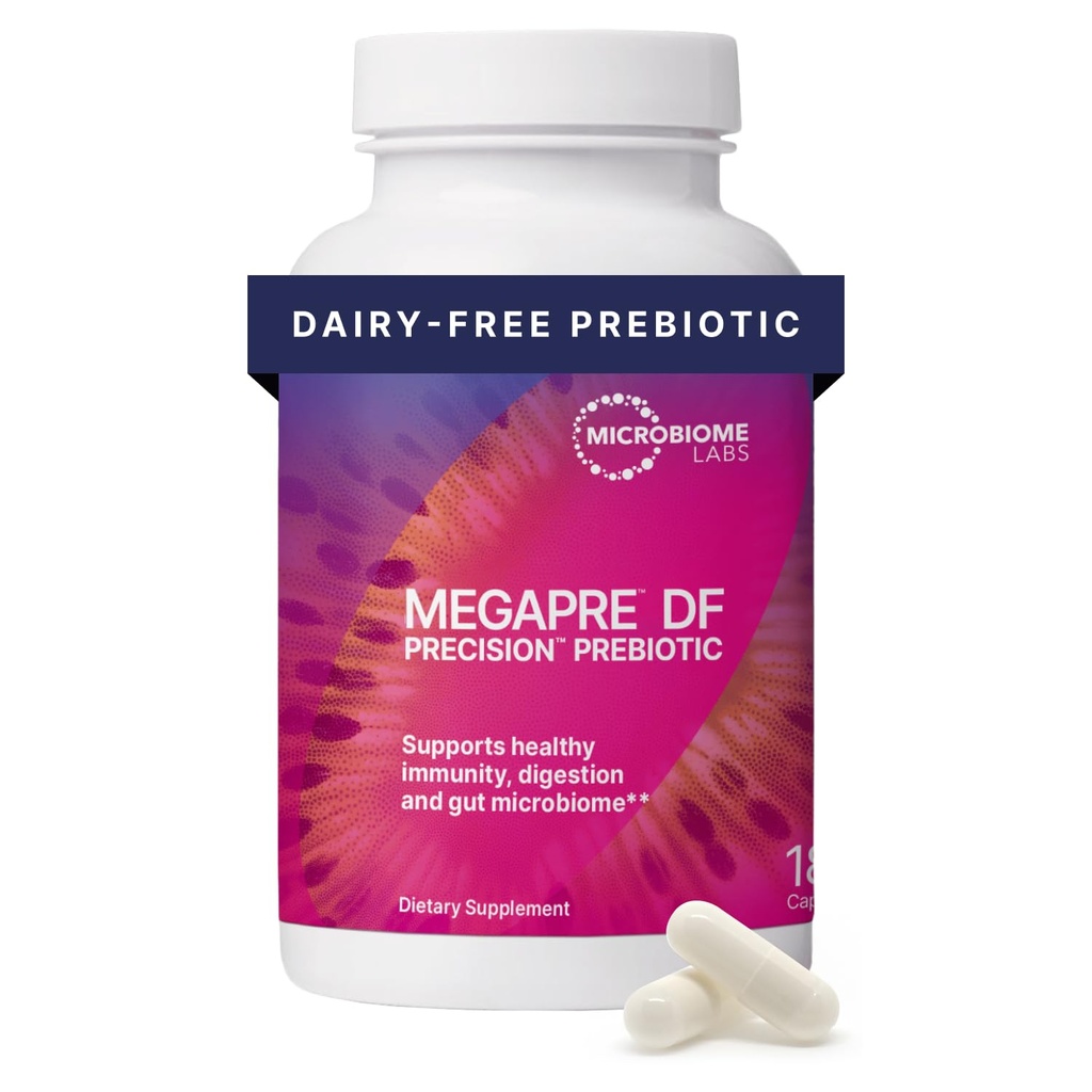 Microbiome Labs MegaPre DF - תוספת סיבים ללא חלב - Gut Health Prebiotics לנשים, גברים וילדים 3 - תמיכה במגוון מיקרוביאלי (180 קפסולות)