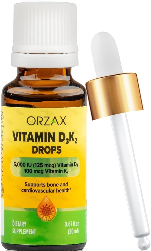 ORZAX ויטמין D3 K2 טיפות - תומך בכחון ו Calcium Absoprtion - עבור העצם, השרירים והלב - (0.67fl oz - 20 מ"ל)