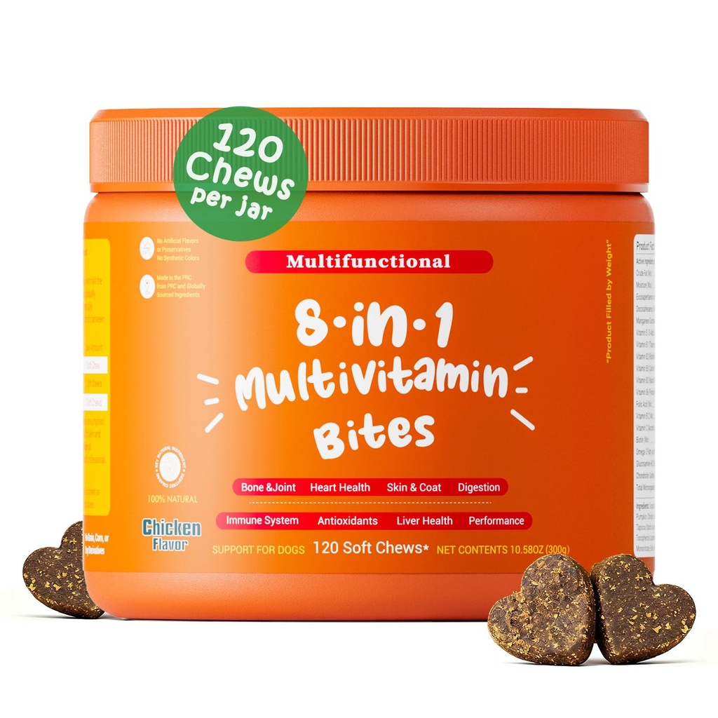 Probiotics for Dog Vitamins, Supplements Chondroitin for Skin Coat Chicken | Multivitamin Treats for Dogs, Joint Support Glucosamine + Digestive Enzymes & Probiotics, Grain Free - 120ct