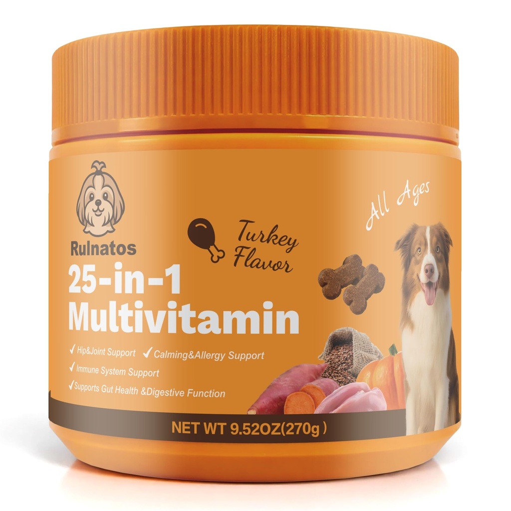 25-in-1 Dog Multivitamin, Chewable Supplements for Hip & Joints, Immune System, Gut & Digestive, Calming & Allergy Support, Omega 3 for Puppy & Seniors Dogs - 90ct (Turkey)