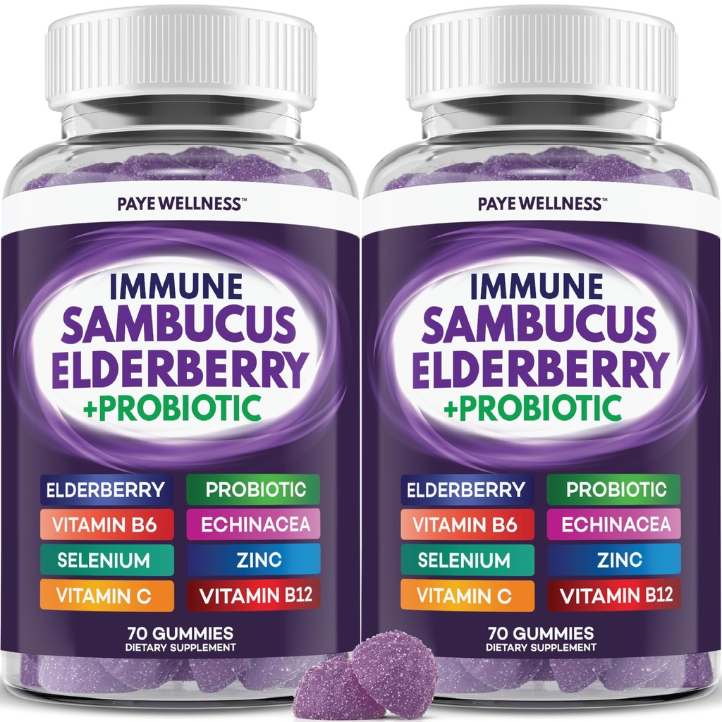 Elderberry Gummies Immune תמיכה, תמיכה יומית לילדים ומבוגרים *, עם Sambucus Elderberry, Zinc, ויטמין C, D3, B6, B12, בתוספת - דיאטה - 140 Countary - 140