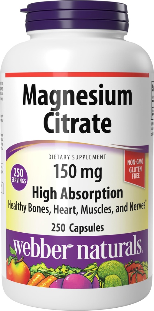 Webber Naturals Magnesium Citrate, 150 מ"ג Per קפסולה, 250 קפסולות, Absorption גבוהה, מסייע לתמוך עצמות, שיניים ותפקוד שריר והלב הנכון, Gluten & חלב חינם