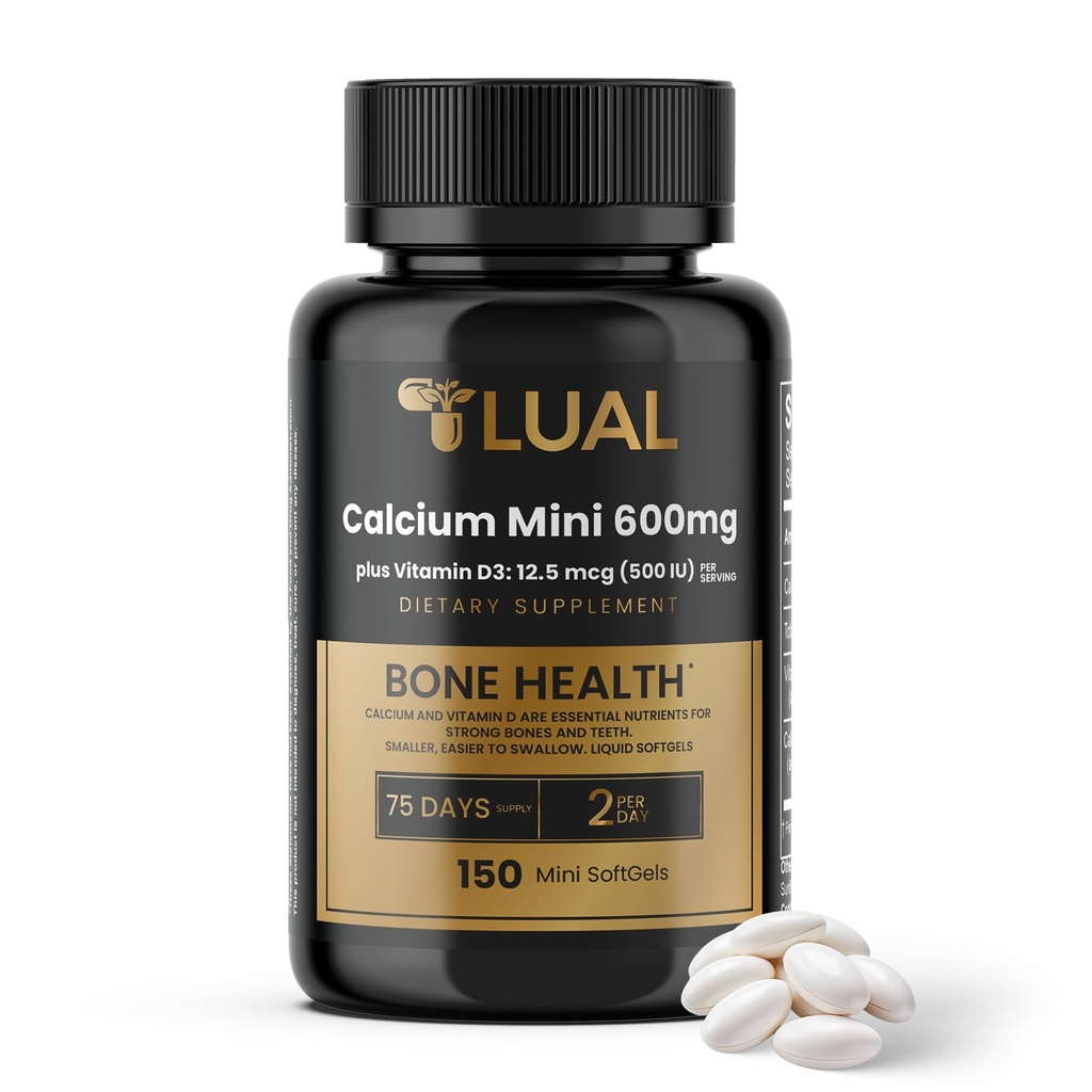 LUAL Calcium Minis 600 מ"ג עם ויטמין D3 - תמיכה העצם והשרירים - 150 מיני Softgels - Easy to Swallow - Calcium & D3 עבור עצמות חזקות וניידות