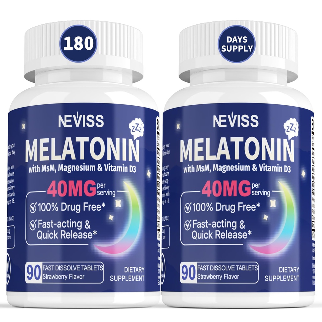 Melatonin 40 מ"ג למבוגרים - מהיר Dissolve & Chewable Sublingual Sleep תוסף - תוספת כוח מלטונין עם ויטמין D3 & MSM, Selenium for Health Rest Cycle, Deep Zzzs, Sugar-Free, 180 משרתי חשמל נוספים