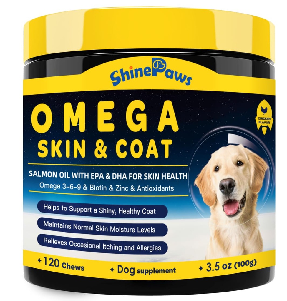 Salmon Oil Omega 3 for Dogs Skin and Coat, 120 Chicken Chews | Skin and Coat Chews with Omega 3-6-9, Zinc, Biotin, and Vitamins E and C, Hot Spot Treatment, Itchy Skin Relief