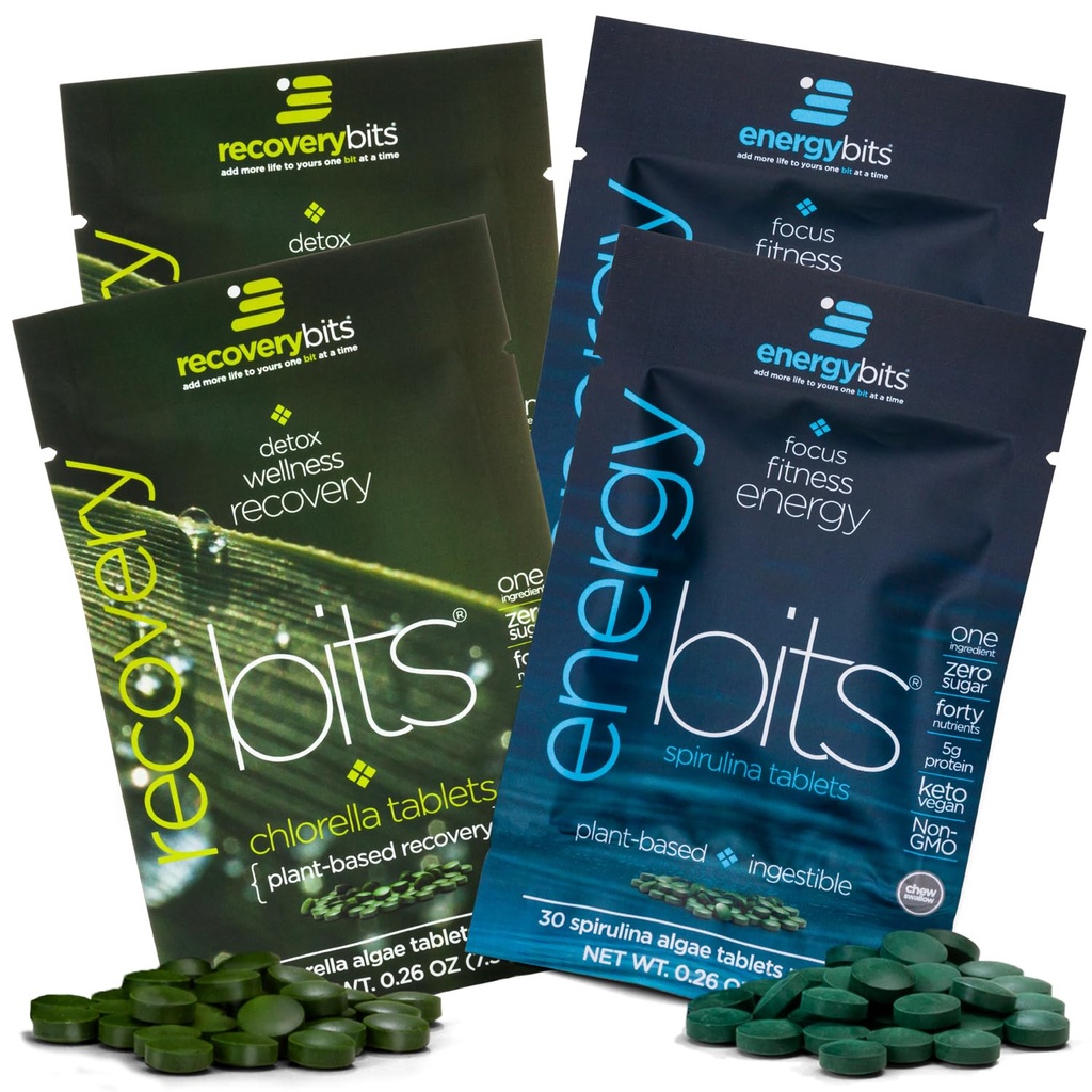 ENERGYbits/ FILERECOVERYs - אורגני Spirulina & Chlorella Tablets - Single Serve Sample Packs - Algae Superfood - חלבונים גבוהים, Chlorophyll - Self Care - טבעוני, Keto, Gluten חינם - 4 Bags, 30 / Bage Superfood - חלבון גבוה, Chlorophyll - Self Care - טבעוני, Keto, Gluten Free - 4 Bags, 30 / Bags, 30 / Bages, 30 / Bage Superfood