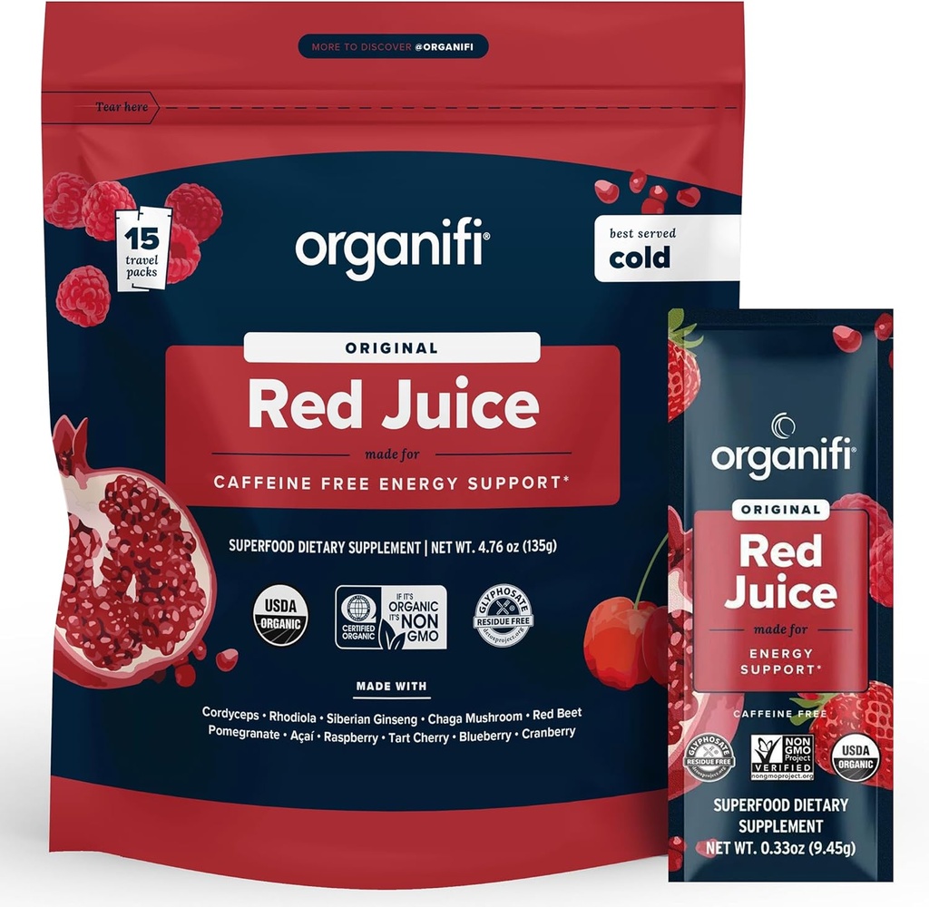 אורגניifi Red Juice - אבקת אנרגיה מפחיתה את התרסקות אחר הצהריים ואת Boosts Digestion ואת מערכת החיסון, 15 Go Packets