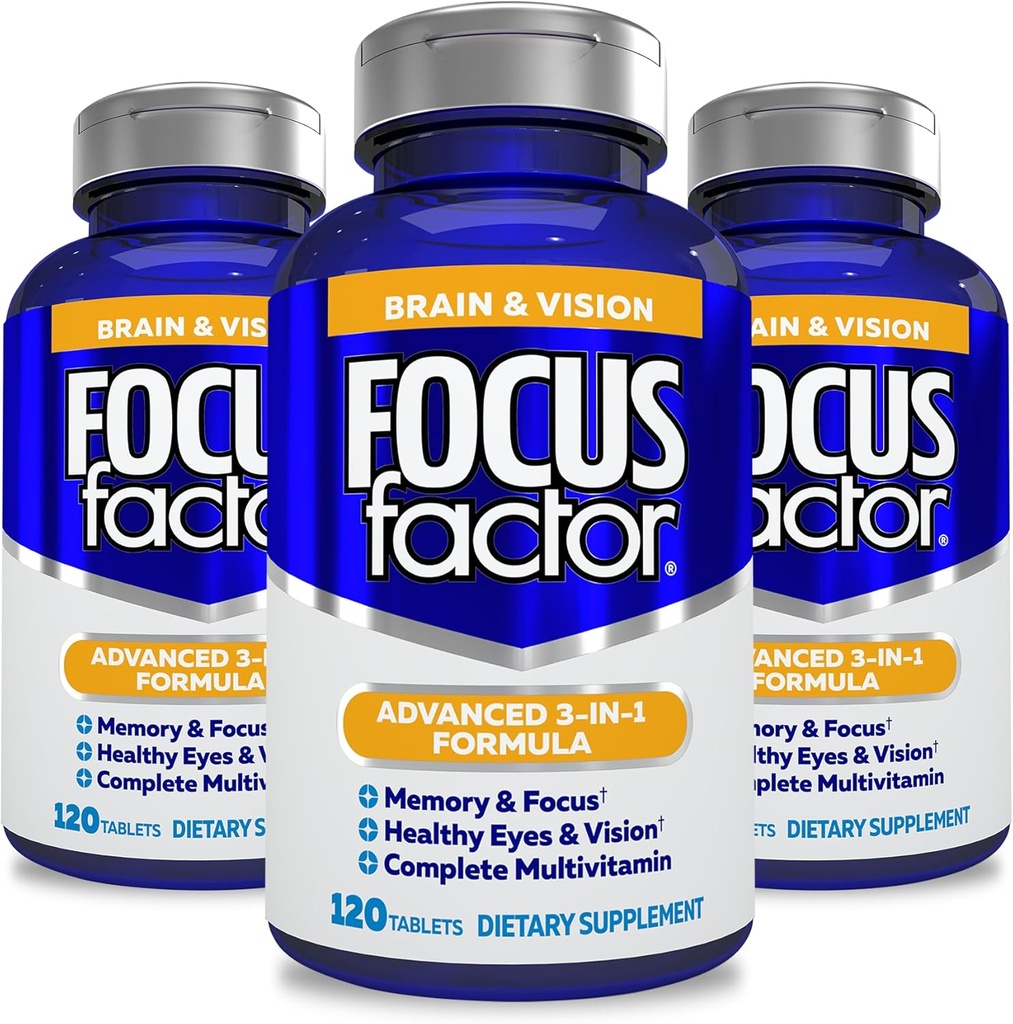 Focus Factor Adults Brain and Vision Supplement, 120 ספירה-עין ויטמין, תוסף מינרלים, מלא Multivitamin עם Lutein & Zeaxanthin - Brain Supplement for Focus, ריכוז, זיכרון (3 Pk)