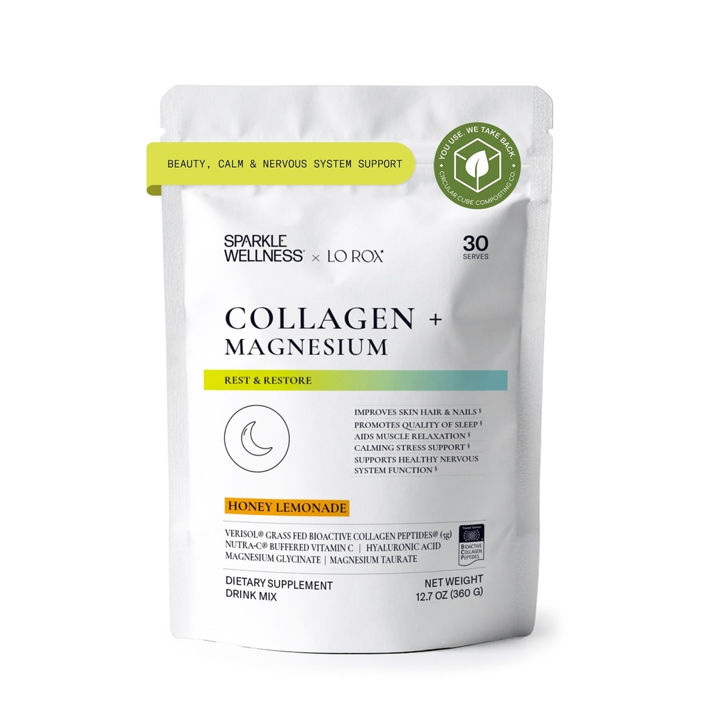 Collagen Magnesium Rest + Recovery (Honey Lemonade) [30 Serves] | VERISOL Bioactive Collagen Peptides, Magnesium Glycinate & Taurate מלחs | לורן רוקסבורגh מנוחה + שחזור | Calming Beauty Routine