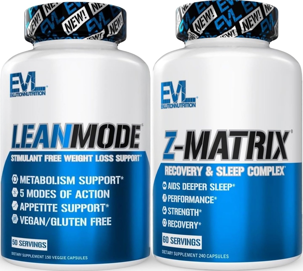 Evlution ZMatrix Magnesium and Zinc Post Workout Supplement (60 Servings) Plus LeanMode Multipurpose Fat Loss Support Supplement (50 Servings)
