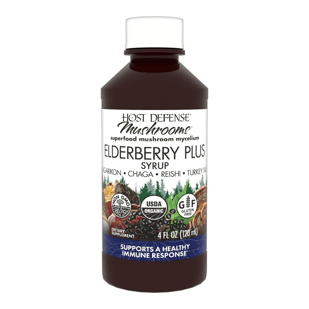 Host Defense Elderberry Plus Syrup - Immune, Respiratory & Lung Support Supplement * - תוסף Mushroom נוזלי עם טורקיה Tail, Reishi, Agarikon & Chaga - 4 floz (12 משרתים)