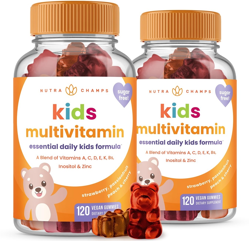 NutraChamps 120 ויטמינים חניכיים לילדים (Pack of 2), סוכר חינם ילדים ויטמינים מסטיקמי Multivitamin, טבעוני ו- non-GMO, Strawberry, Passionפרי, Peach & Cherry