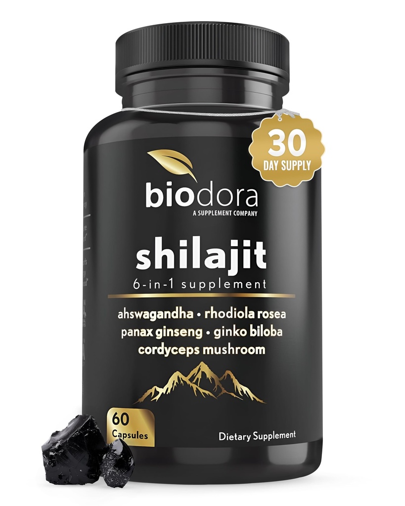6-in-1 Shilajit תוסף 300 מ"ג, Mood and Energy Support Supplement with 60 מ"ג Pure Ashwagandha, Rhodiola Rosea Panax גינזנג עבור Immune Support, Memory and Focus, 85+ Trace מינרליםs, 60 קפסולות.