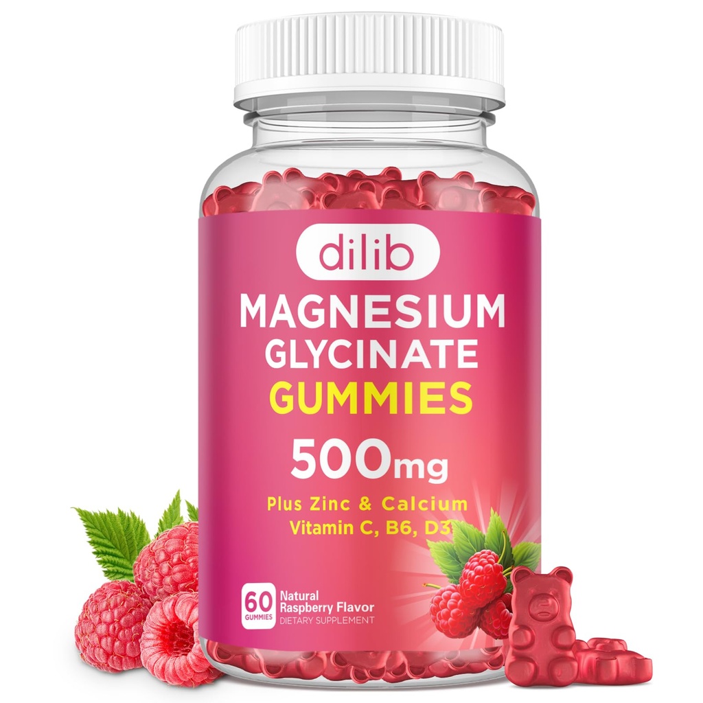 Magnesium Glycinate Gummies 500 מ"ג מגנזיום תוספת עם Calcium, Zinc, ויטמין C, B6, D3-Calm Chewable Gummies עבור ילדים ומבוגרים-Sleep, Mood & השרירים תומך-Raspberry פלמור, 60 מסטיק