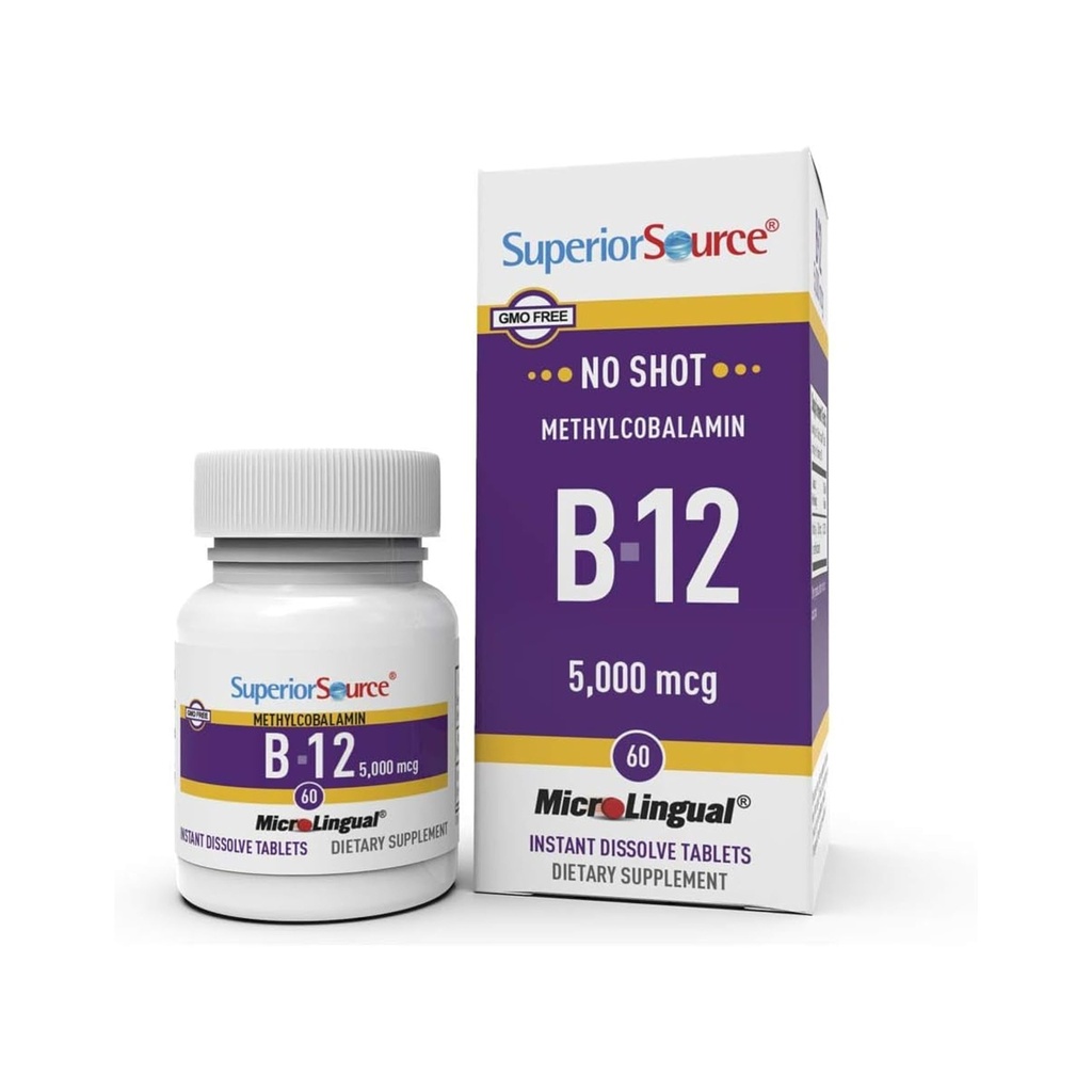 מקור עליון No Shot Methylcylobalamin B-12 5000 mcg - ויטמין B-12 כדי לתמוך בייצור אנרגיה, בריאות המוח והכל בריאות - טבליות sublingual עבור קיצור מהיר