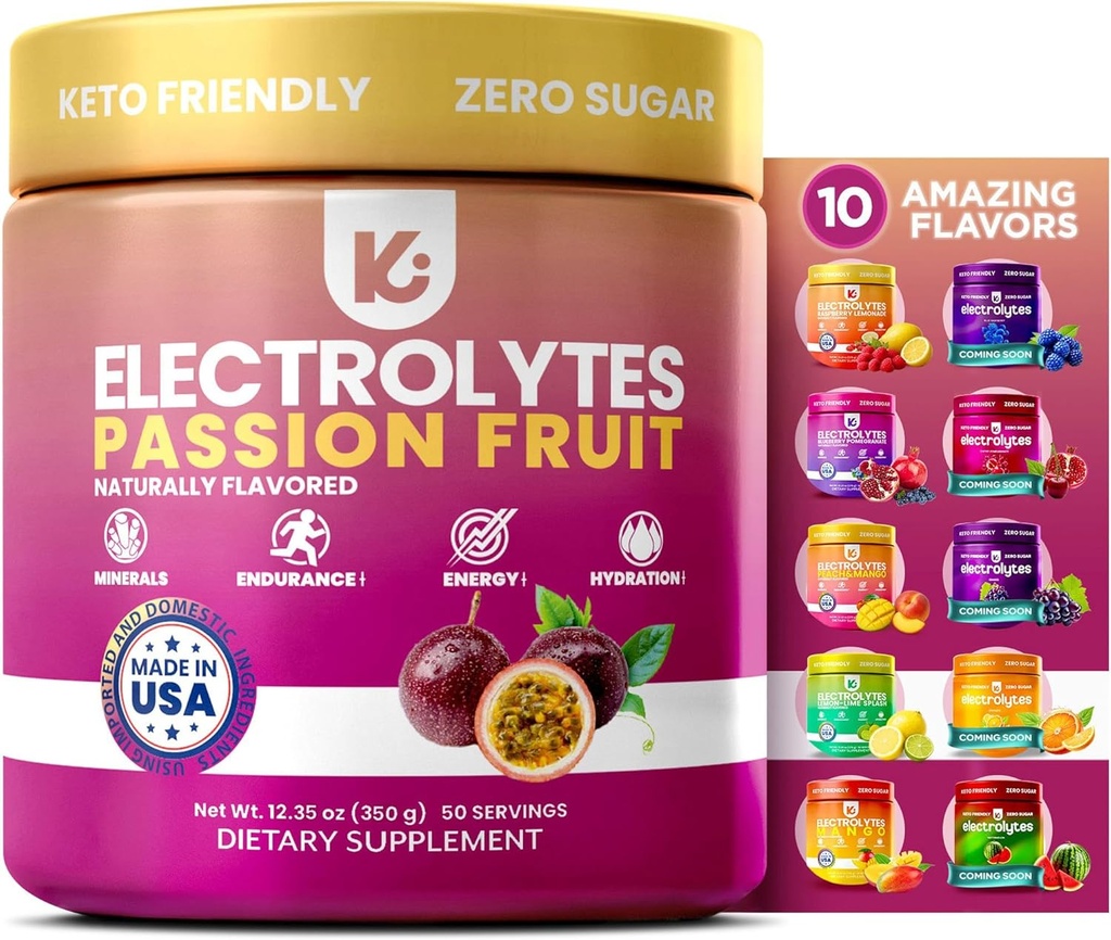 אבקת Keppi Electrolytes - Passionפרי Flavor - No Sugar hydrotion תוספת עם Potassium, Magnesium, Sodium - 50 משרתים - Keto, טבעוני, מהירינג-ידידותי, Zero Calorie Electrolyte Drink