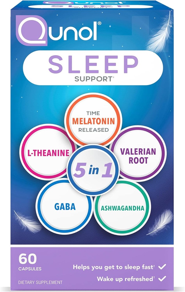 תמיכה בשינה Qunol, 5 ב 1 Non-Habit Forming Sleep Aid, תוספת עם מלטונין 5 מ"ג, Ashwagandha, GABA, Valan Root, L-theanine, 60ct כמוסות