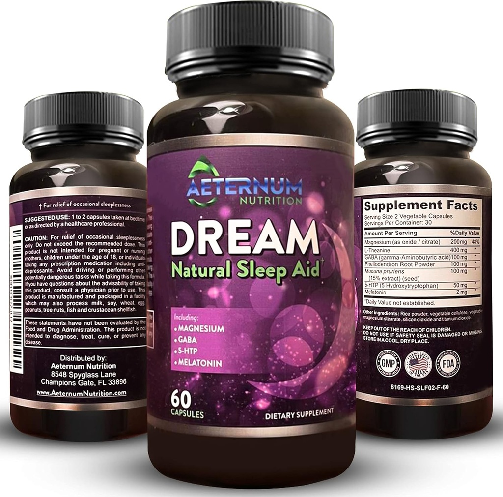 Dream Natural Sleep Supplement for Adults - Goodbye Sleep, Wake Rested - Non Habit Sleep קפסולות חינם מסוכר, פחמימות - מלטונין, מגנזיום, 5HTP, L-theanine, GABA- Non-GMO 60 גלולות שינה
