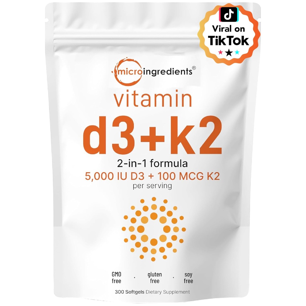 מיקרו Ingredients ויטמין D35,000 IU + K2 MK 7 100 mcg, 300 Softgels | 2in-1 ויטמין D & K Complex | כוח נוסף, קל ל Swallow, Non-GMO, Gluten Freeten Freeten