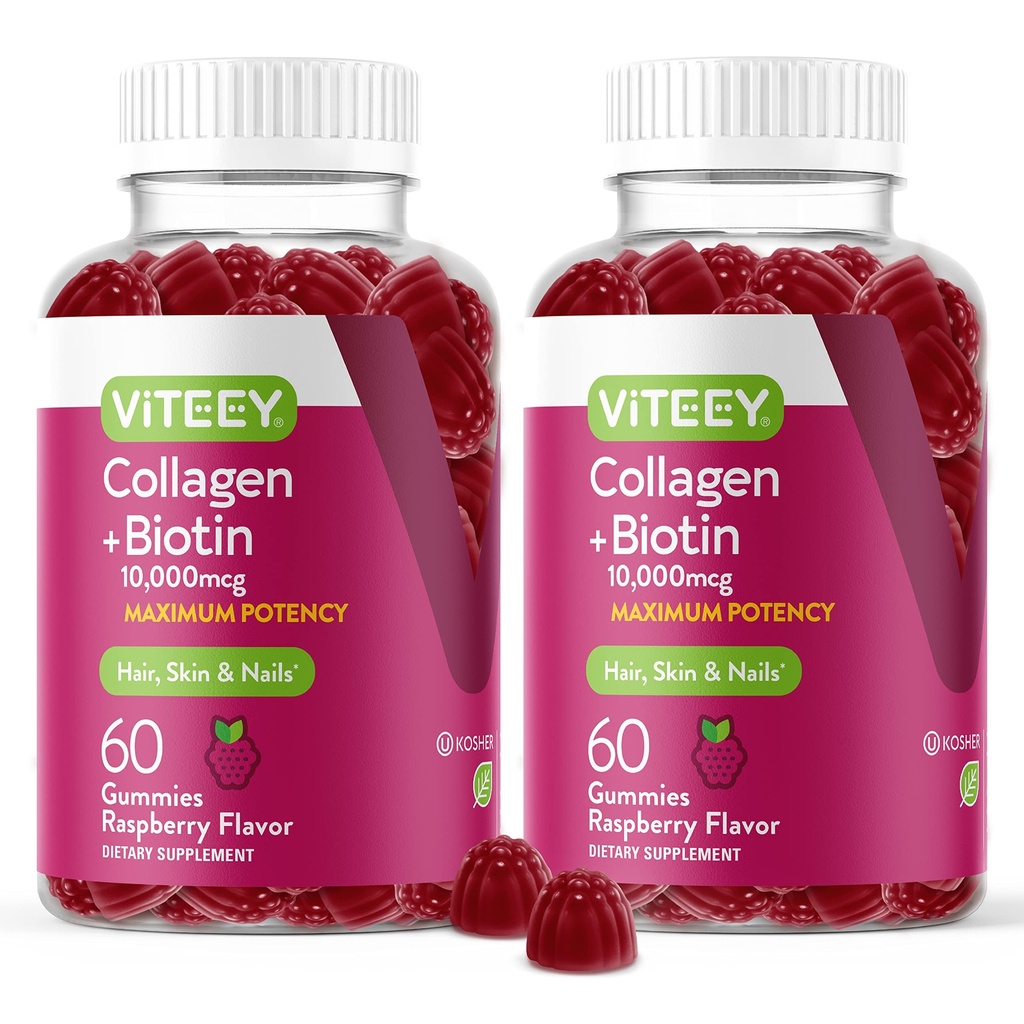 Viteey Collagen Gummies with Biotintin Gummies for Hair Skin and Nails ויטמינים - ביוטין ו Collagen תוספים לנשים & גברים - טבעוני, Gluten-Free - 120 Count Count