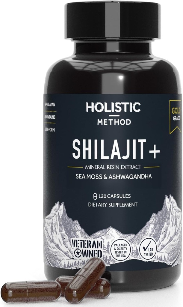Hilajit טהור לגברים ונשים - 120 Shilajit Resin כמוסות עם Sea Moss, Ashwagandha, Rhodiola וג'נקו Biloba - מקדם אנרגיה Boost & Immune תמיכה (120 Count)