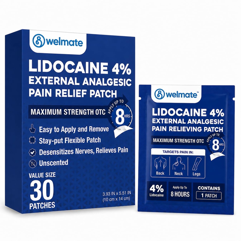 WeLMATE - 4% Lidocaine Numbing Patch - כוח מקסימלי - הקלה זמנית של כאב, גב, צוואר, כתפיים, ברכיים, אלבומים, מתחמי עור קטנים - Unscented - 30 ct