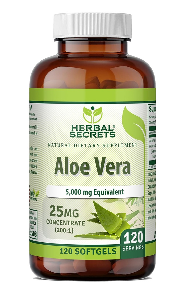 סודות צמחיים אלוורה 25 Mg Concentrate 200:1 | 5000 Mg Equivalent | 120 Softgels | Non-GMO | Gluten-Free | Made in USA
