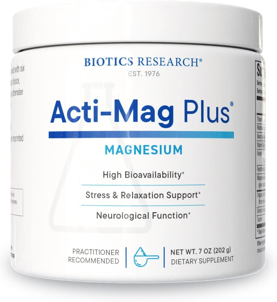 Biotics Research Acti-Mag PlusTM Highly Bioavailable אבקה 400 מ"ג מגנזיום פורמולה, 5g / משרת, אופטימיזציה של תגובת מתח, קידום מרגיעה, רמות אנרגיה בריאות, נוחות מסולרי 7 Oz