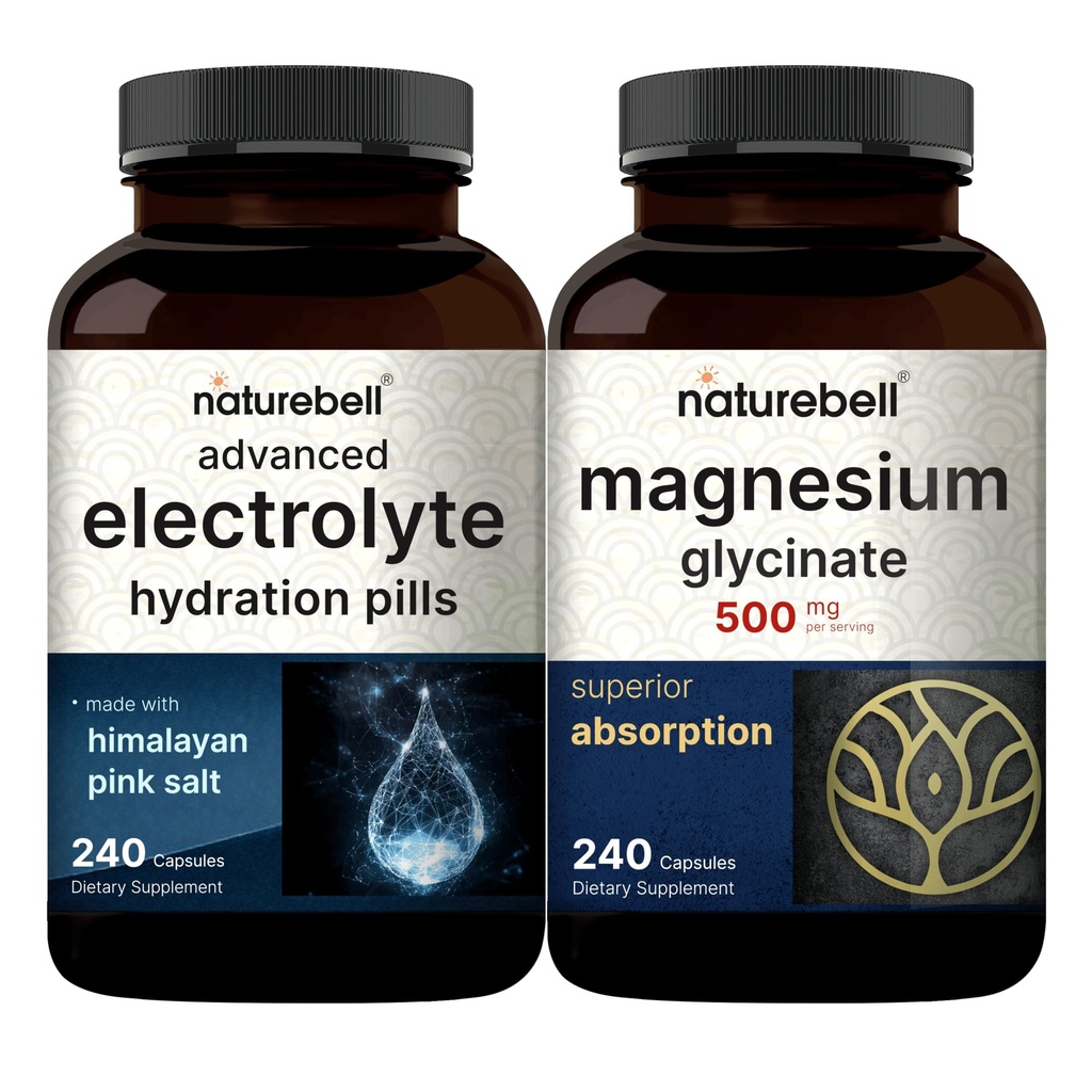 NatureBell Magnesium Glycinate Capsules 500mg & Advanced Electrolyte Hydration Pills Bundle Pack | Chelated & Purified Mineral | Fast Hydrating Keto Electrolytes